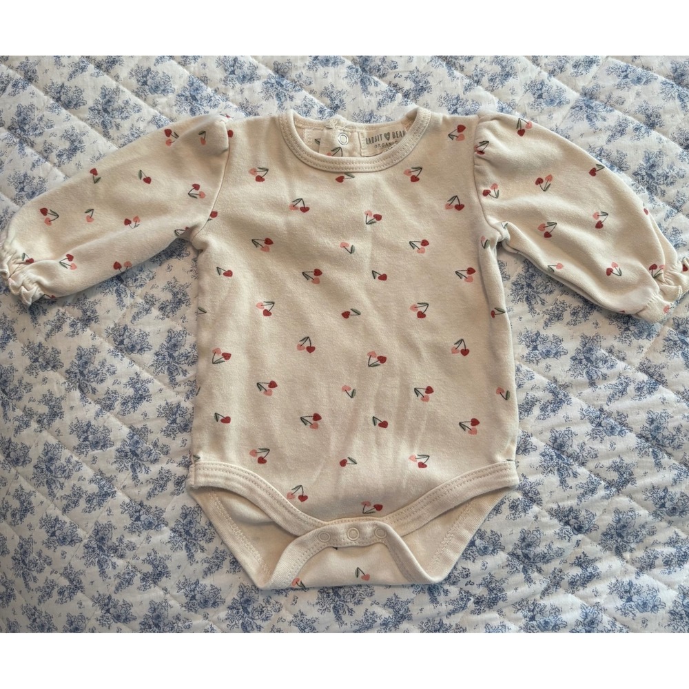 Rabbit Bear Organic Long Sleeve Onesie Size 3-6 Months cream with Cherries.